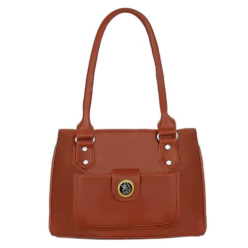 Image of Women's PU Leather Shoulder Handbag | Spacious 3 Compartment Tote Purse with Zip Closure & Multiple Pockets | Top Handle Office College Travel Handbag | 30 x 25 x 12 cm