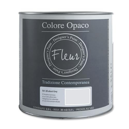 FLEUR DESIGNER'S PAINT | Pittura Chalk Paint Opaca, 2,5 L, Senza Carteggiare, Multisuperficie, Colore F61 All About Grey, Effetto Gesso, Per Pareti e Mobili, Extra Opaco, Ad Acqua, Made in Italy