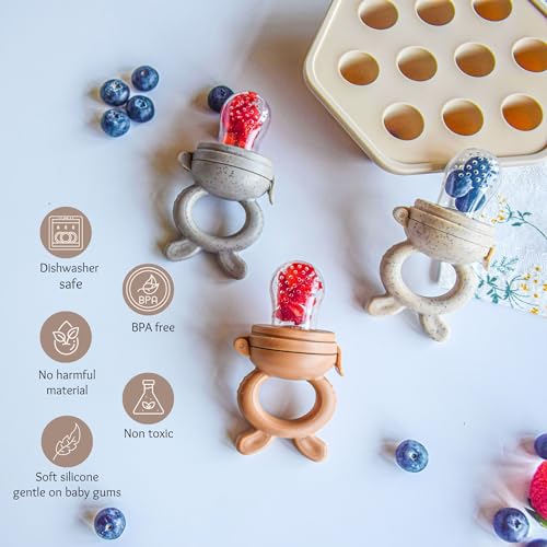 Image of Baby Fruit Feeder & Teething Relief | Baby Feeding Essentials | Innovative Baby Teething Relief Tool | BPA Free Breast Milk Popsicle Teether for Self Feeding | Includes 2 Pouches (Brown)