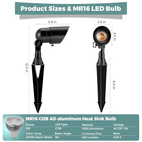 Gardencoin Low Voltage Landscape Spotlight, 12V LED Outdoor Landscape Lighting, Landscape Spot Lights Wired for Garden and Yard, Aluminum Up Lighting Fixture with 5W MR16 Replaceable Bulb (12 Pack) - Image 6