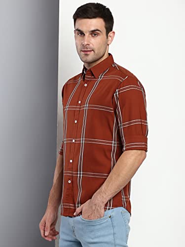 Image of Dennis Lingo Men's Plaid Blue Slim Fit Cotton Casual Shirt with Spread Collar & Full Sleeves