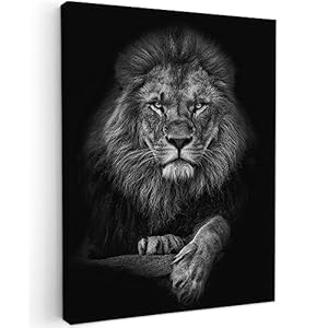 MuchoWow© Canvas Schilderij 50×70 cm Kamer Muur Decoratie Woonkamer Slaapkamer Room Decor Wall Decoration Art Painting Leeuw – Dieren – Zwart – Wit