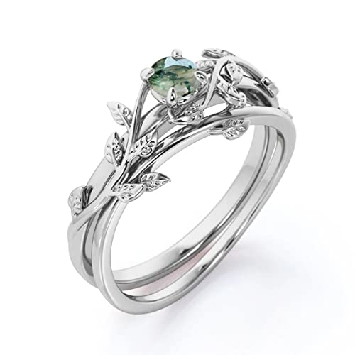 Natural Moss Agate Engagement Rings for Women White Gold/Rose Gold Moss Agate Wedding Rings Platinum Plated Silver 10K 14K 18K Gold Anniversary Promise Rings for Her with Free Engraving2