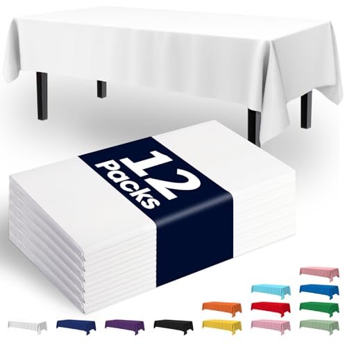 Pureegg Plastic Table Cloth Disposable 12 Pack, 54 x 108 Inch Table Cloths, Party, Picnic, Wedding, Decorative Tablecloths, Rectangle, White Plastic Cover, Leakproof & Sturdy, White