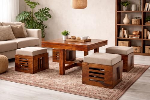 Image of Solid Sheesham Wood Center Coffee Table Set - Includes 4 Stools and Glass top Table Wooden Niwar Design ; Furniture for Living Room, Hall and Office. (Natural)