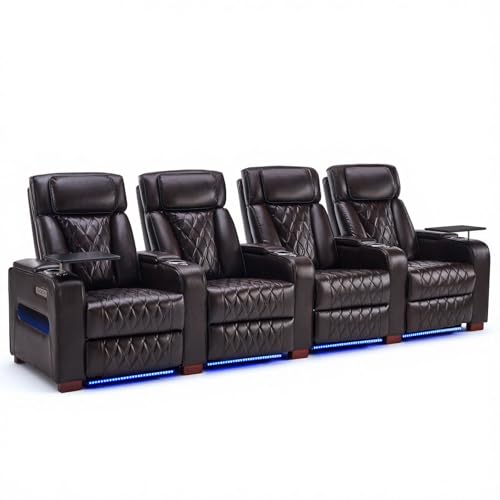 Image of Luxury Home Theater Seating - Power Recliner with Adjustable Headrests, Blue LED Ambient Lighting, Tray Table, USB & Type-C Charging (Dark Brown,4 Seat)