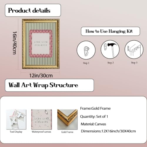 Long Live Girlhood Wall Art Vintage Girl Nursery Wall Decor Picture, Pink and Green Striped Baby Girls Poster Canvas Print Painting Artwork for Living Room Bedroom 12x16 inch Gold Framed — view 2