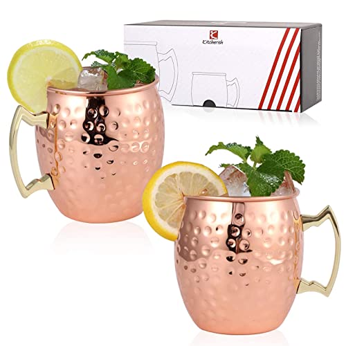 Moscow Mule Mugs Set of 2-18 oz, [Gift Set] Hammered Copper Mugs | Stainless Steel Lining, Copper Plating Cups with Gold Brass Handles for Making Classic Moscow Mule, 3.4'' (Diameter) x 4 ''(Tall)