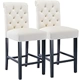Kmax Counter Height Bar Stools Set of 2 Tufted Leather barstools Mid Century Wood Bar Stools with Back for Kitchen Island Indoor, Cream