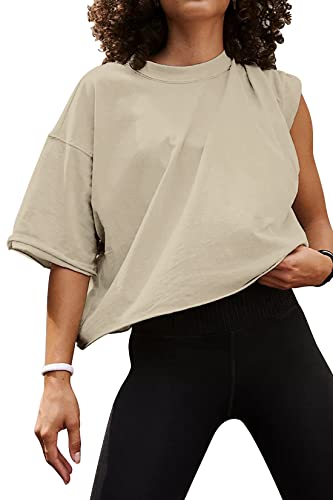 Image of HUGOOME Womens Oversized Workout Crop Top Casual Short Sleeve Boxy Roll Hem | Basic Half Split Sleeve Drop Shoulder Loose Yoga Running Gym Tee Cropped T-shirt Solid Trendy Relaxed Daily Tee