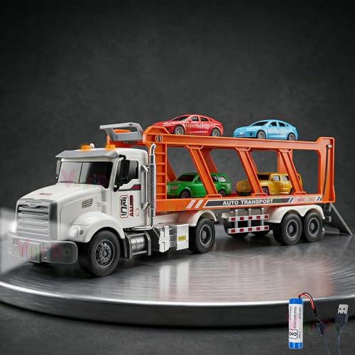 Image of VikriDA RC Transporter Truck Toy with 4 Mini Cars - 14 inch Remote Control Semi Trailer, Lights & 2 Rechargeable Batteries, Fun Carrier Truck for Kids