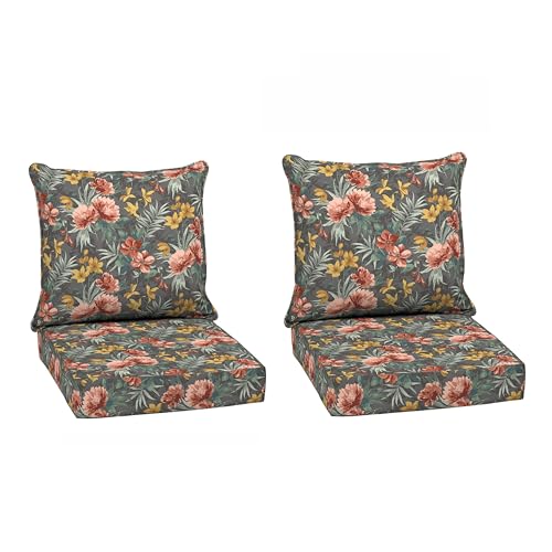 Image of Arden Outdoor Deep Seat Cushion Set (2-Pack), 24 in x 24 in, Weather-Proof, Rain-Proof, Fade Resistant Patio Cushion for Chair, Sofa, and Couch Phoebe Grey Floral