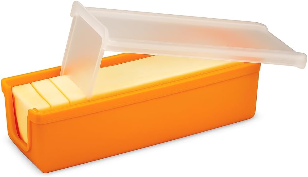 BPA-Free Silicone Butter Keeper with Slicer Blade & Microwave-Safe Lid - Fresh Butter Storage Dish (Orange)