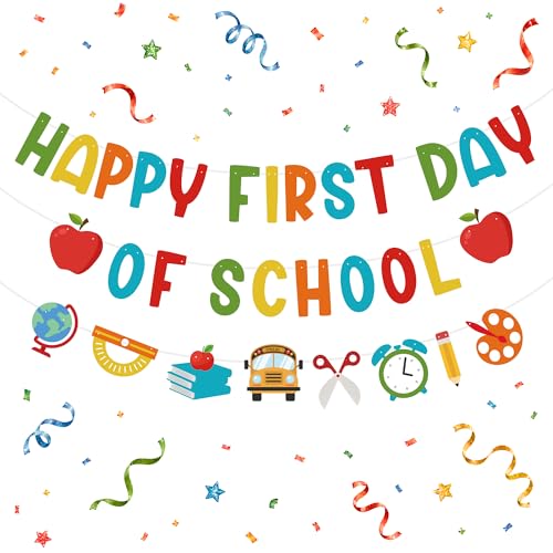 Image of Back to School Decorations - Happy First Day of School Banner Sign Decor for Indoor Outdoor | Back To School Garland Backdrop - Hanging Classroom Decor Party Favors Supplies