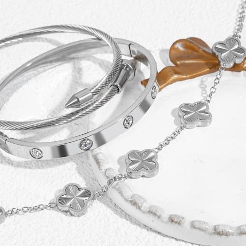 Womens Bracelet 18K Gold Plated Cuff Bangle Clover Bracelet Set for Women Four Leaf Lucky Bangle Jewelry Gift of Love4