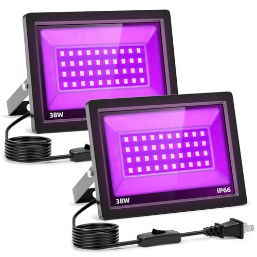 2 Pack 38W LED Black Light, Blacklight Flood Light for Glow Party IP66 Waterproof, Outdoor Black Lights with Switch&Plug for Halloween, Glow in The Dark, Neon Party, Fluorescent Poster, Birthday