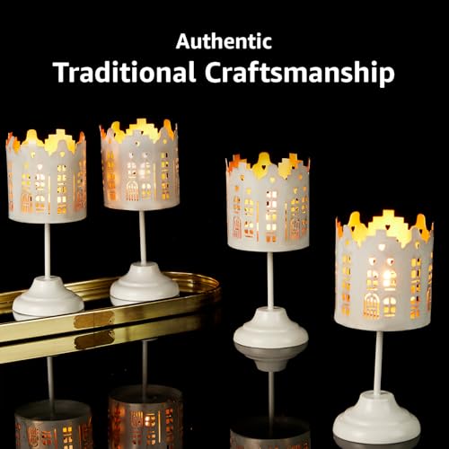 Image of Amazon Brand - Solimo Tea Light Votive Stand - House Design, White Iron with Gold Interior, Set of 4 (Size: L-6 cm x W-6 cm x H-13 cm)