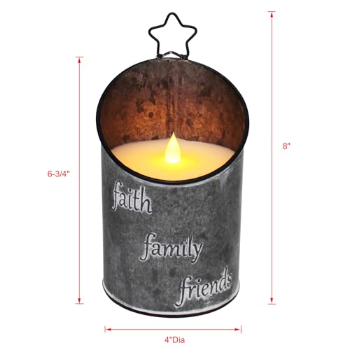 Image of CVHOMEDECO. Vintage Galvanized Can Flameless LED Candle, Real Wax in Antique Galvanized Jar FFF Flickering Candle with Remote Control for Tabletop Wall Decor. H 8 Inch, Gray