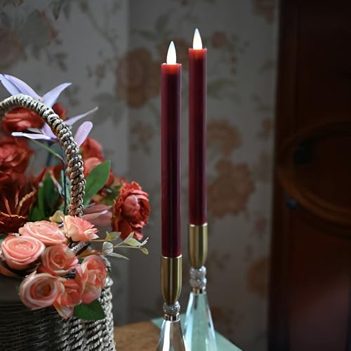 Image of Flameless Taper Candles Flickering with Remote and Timer, 3D Moving Flame Taper Candle Battery Operated to 400 Hours, 9 Inch Window Candles, (Burgundy)