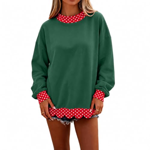 Mock Neck Sweatshirt Women Scalloped Edge Patchwork Polka Dot Pullover - image 1