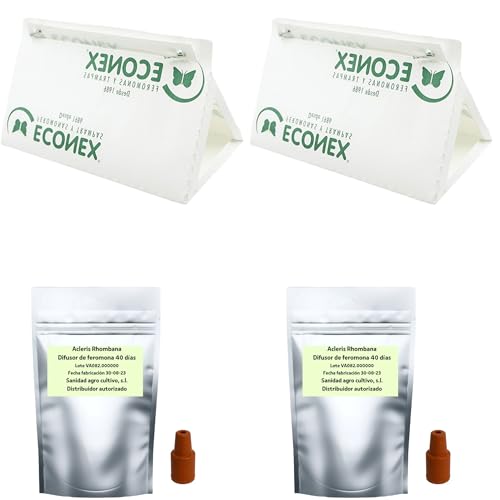 Bricoloco Kit de 2 pièges adhésifs avec 2 diffuseurs de phéromones comme anti-nuisibles contre les mites des fruits Acleris rhombana qui attaque les fruits, les baies, les tomates.