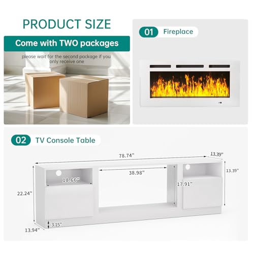 Image of MXV 80 inch Fireplace TV Stand for TVs Up to 90 inch, LED Light Entertainment Center with 36 inch Electric Fireplace, Modern Wood Texture TV Media Console with Highlight Storage Cabinet, White-White
