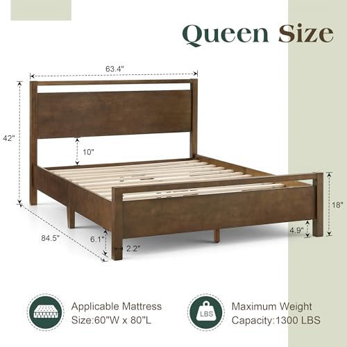 Image of AMERLIFE Queen Size Solid Wood Bed Frame with Headboard, Minimalist Platform Bed with Wooden Slats Support /No Box Spring Needed /Easy Assembly /Noise-Free, Dark Brown