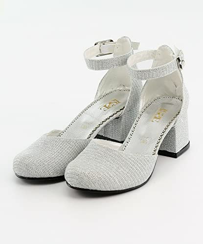 Flower Girls Communion Low Block Dress Silver Shoes Chunky Heels Closed Round Toe Ankle Strap Pump, Size US Little Kid 103