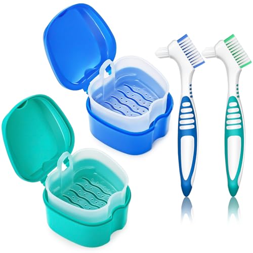 2 Pack Denture Bath Case Cup with Lid and Strainer Basket Retainer Cleaner Case Dental False Teeth Container with 2 Travel Brushes Lake Green and Dark Blue