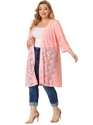 Image of Agnes Orinda Women Plus Size Lace Cardigan 3 /4 Sleeve Cover Up Jacket
