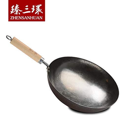 ZhenSanHuan Chinese Hand Hammered Iron Pow Woks and Stir Fry Pans Wooden Handle (Seasoned 32CM): 30CM Silver-Not Seasoned