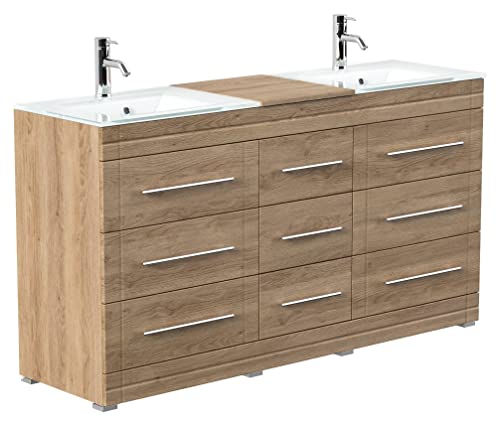 Meuble Double Vasque en Verre Vitro Moderne à Poser en décor chêne