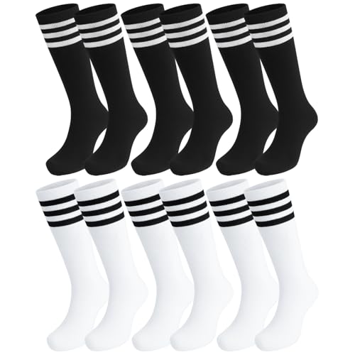 scenicamp 6 Pairs Kids Soccer Socks, Striped Knee High Tube Socks Breathable Long Youth Athletic Sock Football Uniform Sports Sock for Boys Girls Baseball Softball(6-9 Years)