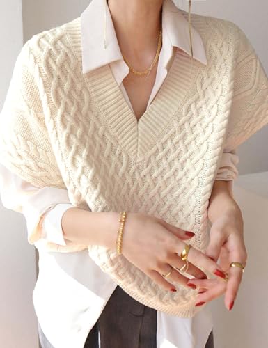 IDEALSANXUN Womens Oversized Sweater Vest Fall Winter Cap Sleeve V Neck Cable Knit Sleeveless Sweater3