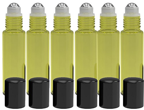 6 Pack - Empty Roll on Glass Bottles [Stainless Steel Roller] 10ml Refillable Color Roll On for Fragrance Essential Oil - Metal Chrome Roller Ball - 10 ml 1/3 oz - Yellow Color