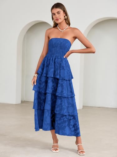 Image of Simplee Womens Summer Strapless Maxi Dress 2026 Boho Floral Off Shoulder Wedding Guest Dresses Tiered Beach Long Sundress
