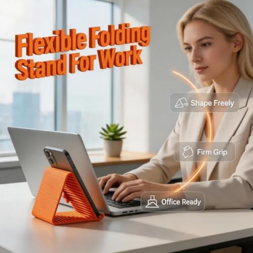 Image of Flexible Silicone Phone Stand, Multi-Angle Adjustable Cell Phone Holder, Portable Phone Stand for Desk, Compatible with iPhone, iPad, Tablet, Laptop, for Home, Office, Gaming (Orange /Black)