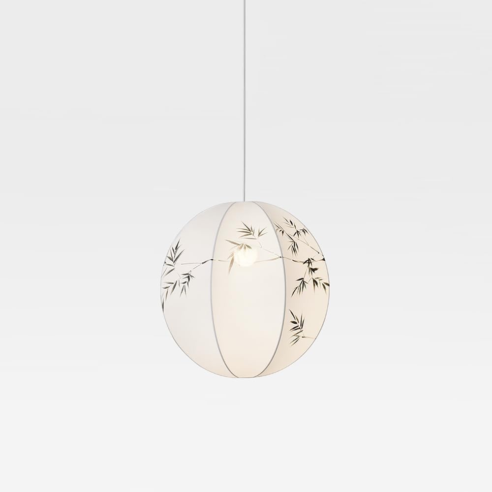 Japandi Zen Style Bamboo Pattern Fabric Pendant Light, 3-Color Dimming Globe Hanging Lamp, Adjustable E27 Ceiling Fixture, for Lighting in Living Room,Dining Room Bedroom(60CM)