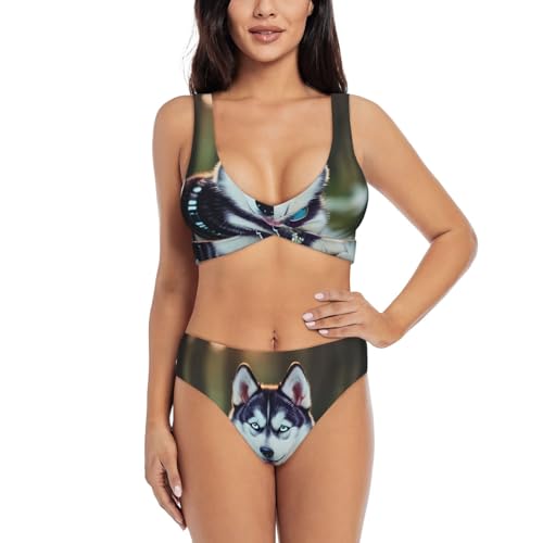 Bikini 2 pièces gainant pour femme avec motif husky haute définition