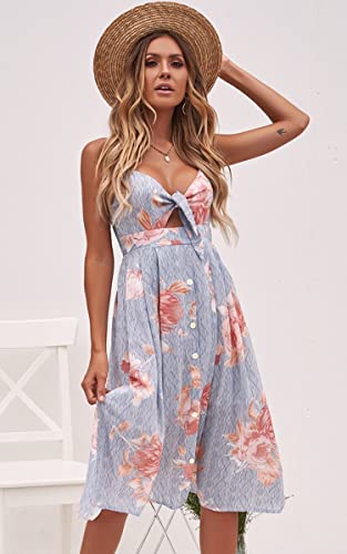 Image of ECOWISH Women 2026 Summer Dresses Tie Front V-Neck Spaghetti Strap Button Down A-Line Backless Swing Midi Dress