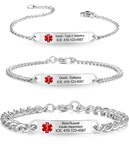 Custom Medical Alert ID Bracelets for Women & Men, Personalized ID Bracelets - 925 Sterling Silver/Stainless Steel Emergency Bracelet with Free Engraving, Adjustable 5 to 9.5 inches for Mother, Father