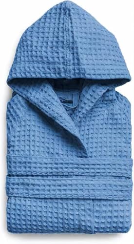 l&j Bademantel für Damen und Herren, Bademantel mit Kapuze, Rosa, Wabenstruktur, für Damen, 100% Baumwolle, weich und saugfähig, mit Taschen (DE/NL/SE/PL, Alphanumerisch, XXL, Regular, Regular, Blau)