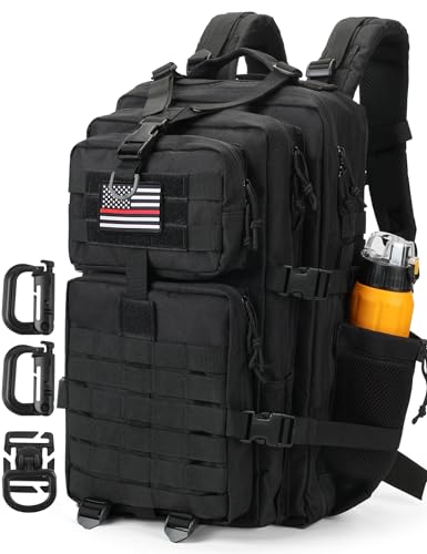 Image of Hannibal Tactical MOLLE Assault Backpack, Tactical Backpack Military Army Camping Rucksack, 3-Day Pack Trip w /USA Flag Patch, D-Rings, Flag patch with water bottle