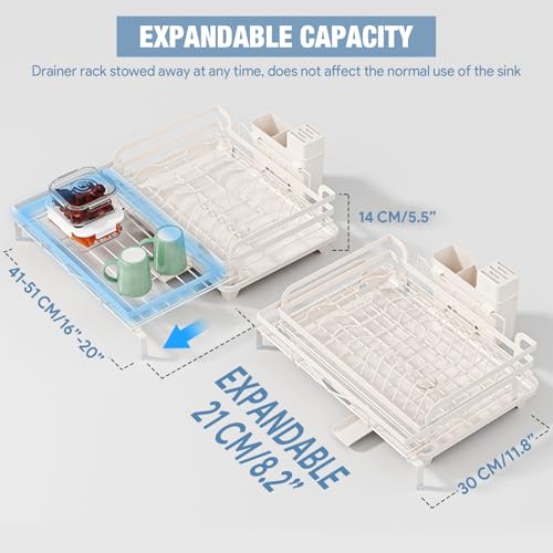 Image of DEVA Dish Drying Rack, Stretchable Large Dish Drainer Rack, Stainless Steel Kitchen Drying Rack with Utensil Rack and Drainer Plate, White