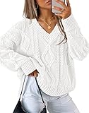 ZESICA Women's Fall Oversized Sweaters 2025 Casual Long Sleeve V Neck Cable Knit Trendy Pullover Tops White Medium