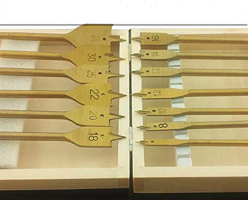 Lot de 13 forets à bois plats (6-35 mm) avec tige hexagonale de 6 mm + boîte à bois pour perceuses électriques, perceuses rechargeables