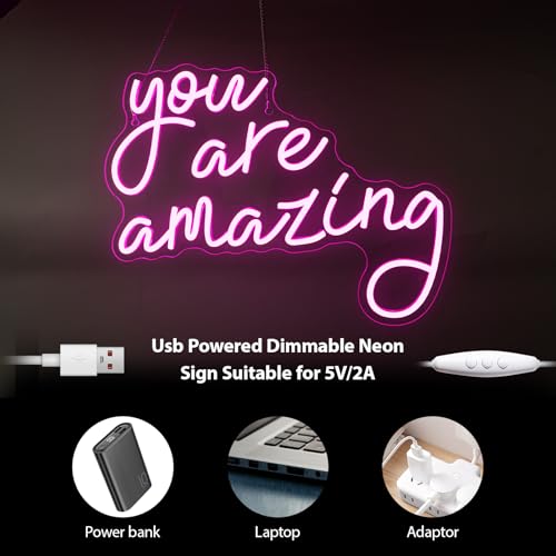 Image of You Are Amazing Neon Signs for Wall Decor Pink Usb Word Neon Lights Dimmable LED Light Up Sign for Bedroom Classroom Home Bar Man Cave Party Birthay Wedding Gifts