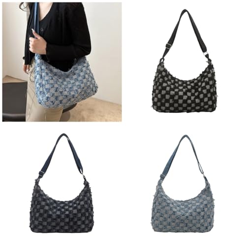 Multipurpose Jean Shoulder Bag Distressed Denims Checkered Crossbody Handbag College Student School Book Bag for Women2