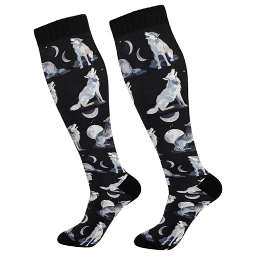 Jucciaco Moon Wolf Black Two Pairs Fun Socks Warm Soft Compression Socks Wear Resisting Easy To Stretch Running Socks