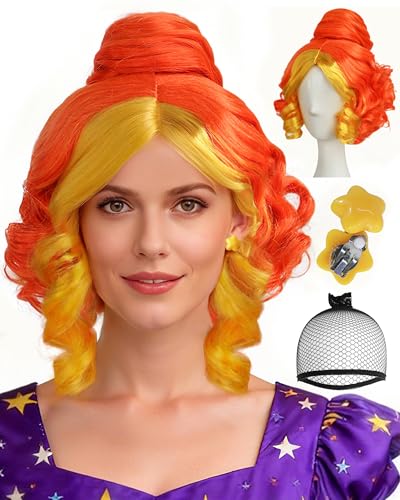 BESTBEL 2Pc Orange and Blonde Curly Wig with Bun Short Yellow Wig for Women